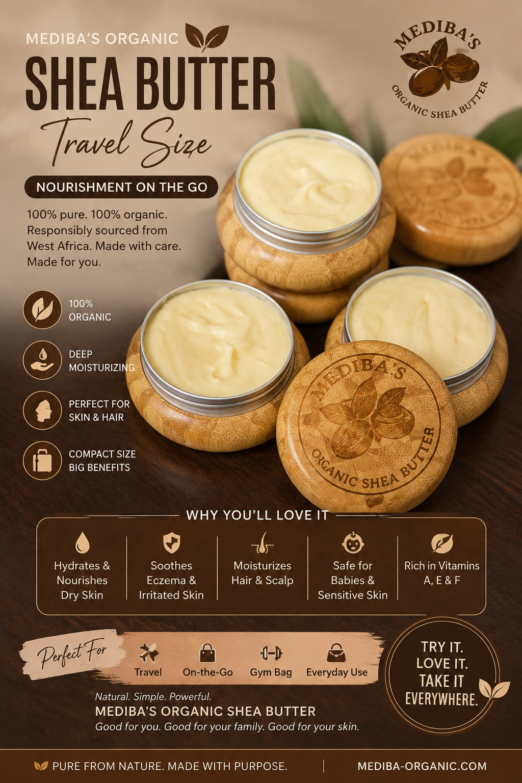 Travel size 100% Raw Organic Shea butter 3 pieces