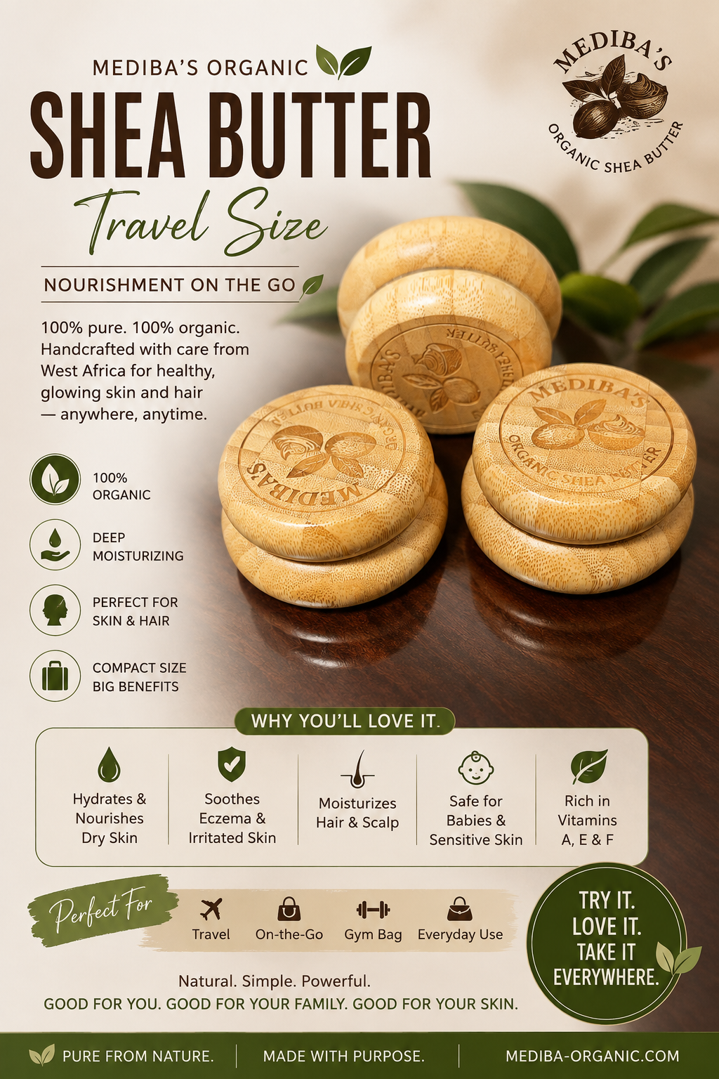Travel size 100% Raw Organic Shea butter 3 pieces